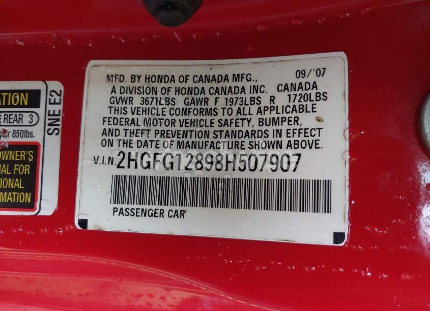 Photo 9 of 2008 Honda Civic EX (VIN 2HGFG12898H507907)