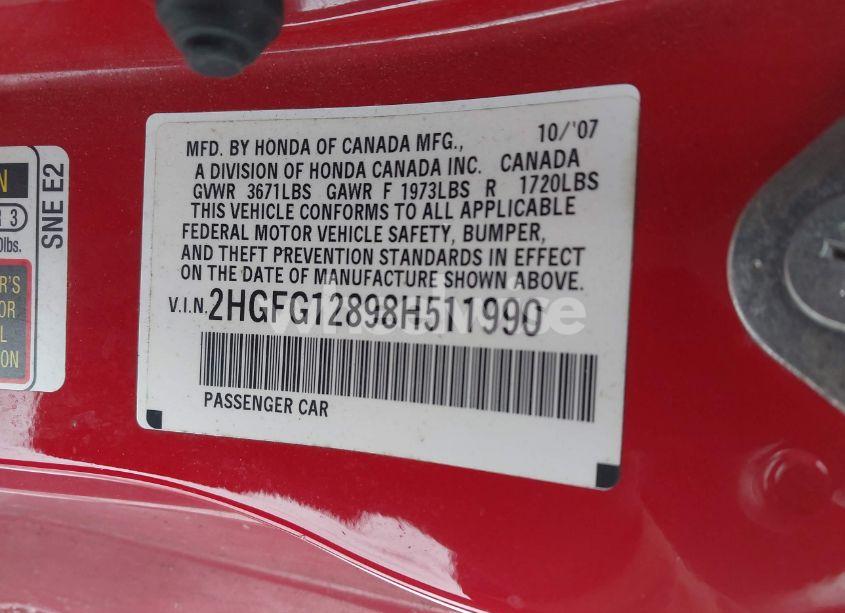 Photo 9 of 2008 Honda Civic EX (VIN 2HGFG12898H511990)
