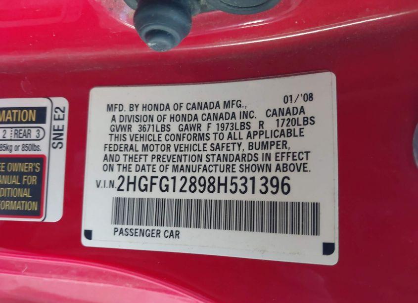 Photo 9 of 2008 Honda Civic EX (VIN 2HGFG12898H531396)