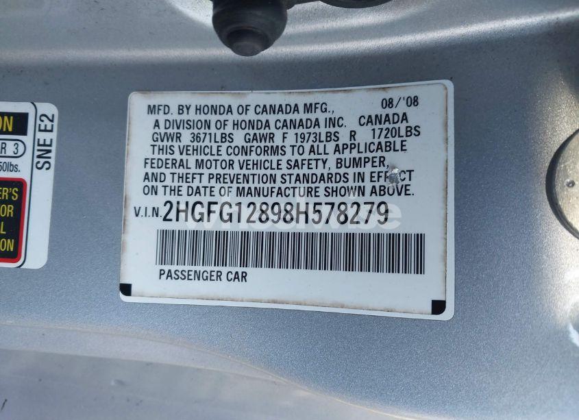 Photo 9 of 2008 Honda Civic EX (VIN 2HGFG12898H578279)