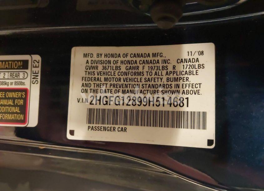Photo 9 of 2009 Honda Civic EX (VIN 2HGFG12899H514681)