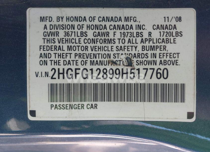 Photo 9 of 2009 Honda Civic EX (VIN 2HGFG12899H517760)
