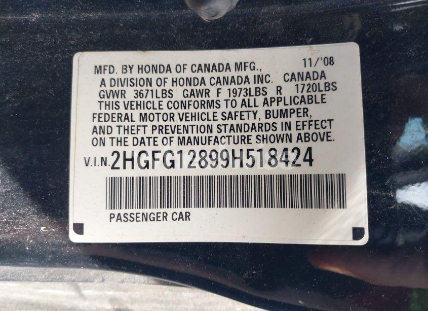 Photo 9 of 2009 Honda Civic EX (VIN 2HGFG12899H518424)