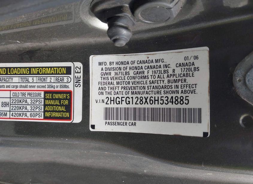 Photo 9 of 2006 Honda Civic EX (VIN 2HGFG128X6H534885)