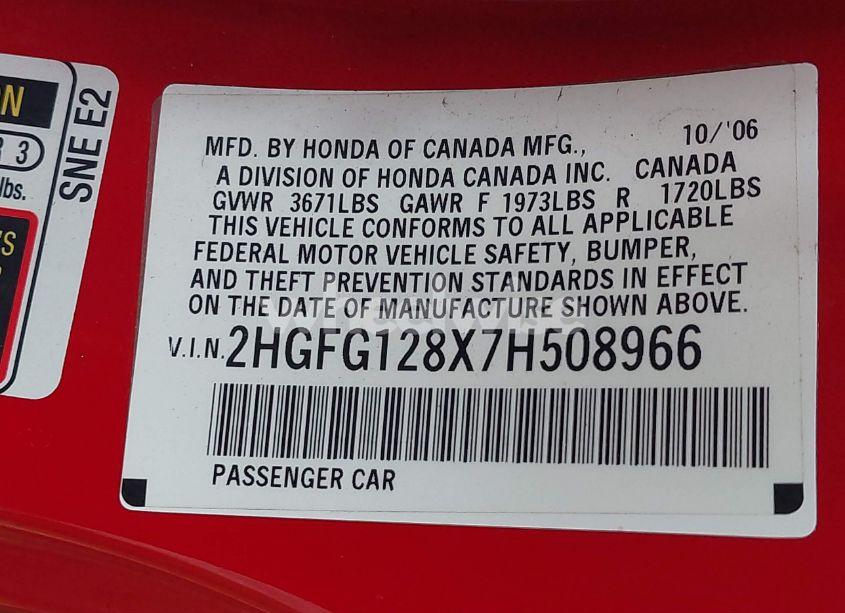 Photo 9 of 2007 Honda Civic EX (VIN 2HGFG128X7H508966)