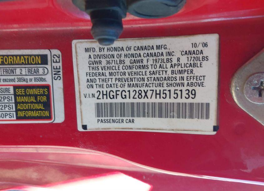 Photo 9 of 2007 Honda Civic EX (VIN 2HGFG128X7H515139)