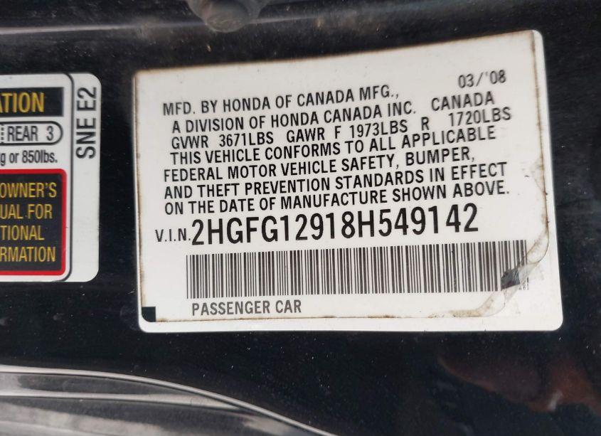 Photo 9 of 2008 Honda Civic EX-L (VIN 2HGFG12918H549142)