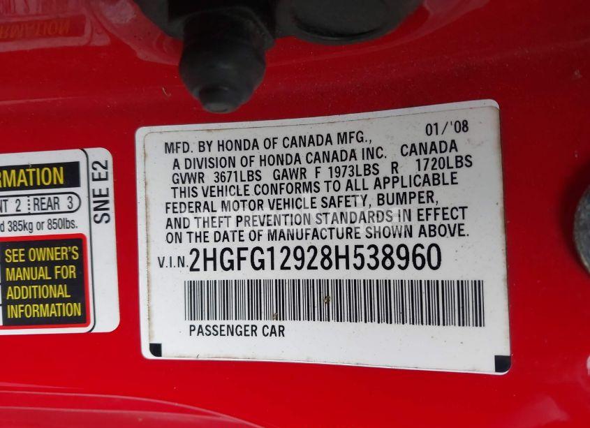 Photo 9 of 2008 Honda Civic EX-L (VIN 2HGFG12928H538960)