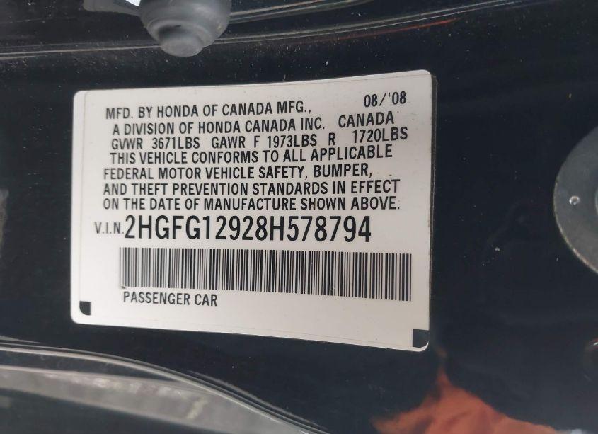 Photo 9 of 2008 Honda Civic EX-L (VIN 2HGFG12928H578794)