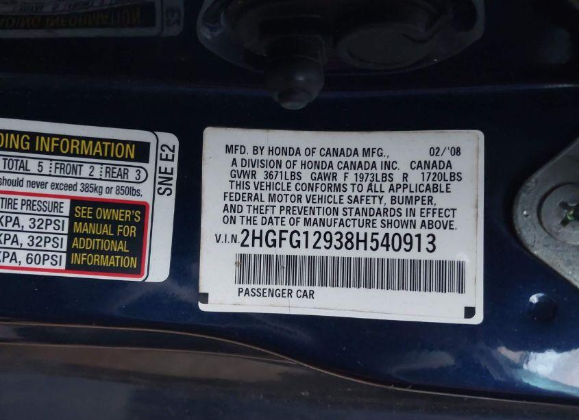 Photo 9 of 2008 Honda Civic EX-L (VIN 2HGFG12938H540913)
