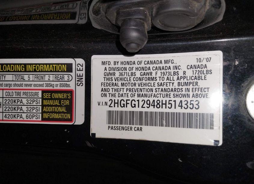 Photo 9 of 2008 Honda Civic EX-L (VIN 2HGFG12948H514353)