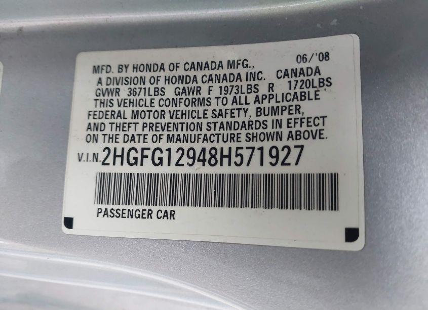 Photo 9 of 2008 Honda Civic EX-L (VIN 2HGFG12948H571927)