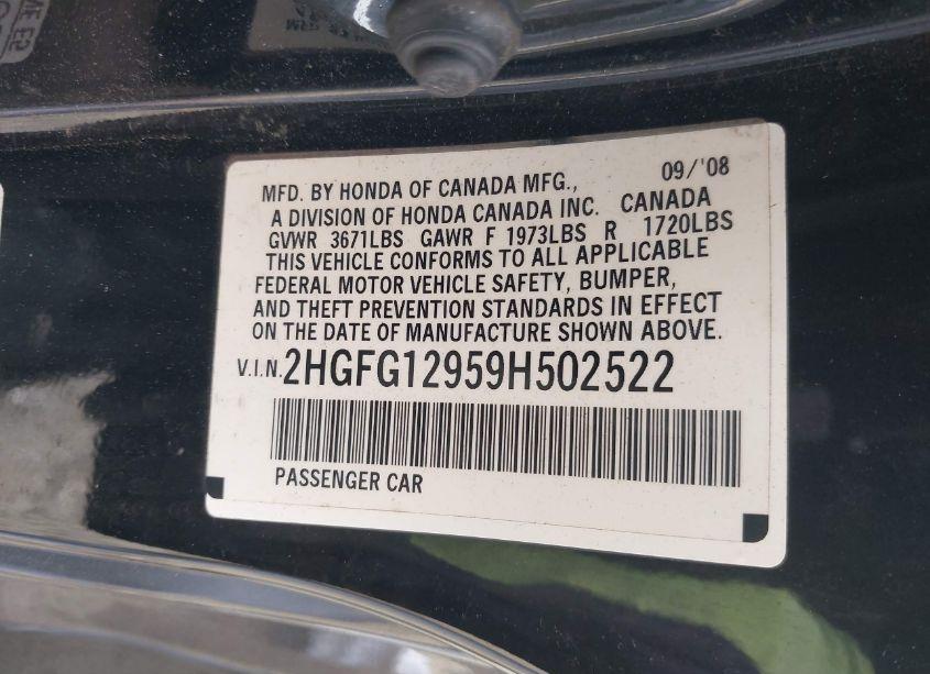 Photo 9 of 2009 Honda Civic EX-L (VIN 2HGFG12959H502522)