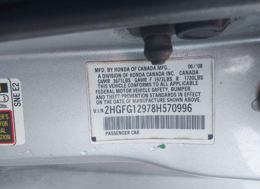 Photo 9 of 2008 Honda Civic EX-L (VIN 2HGFG12978H570996)