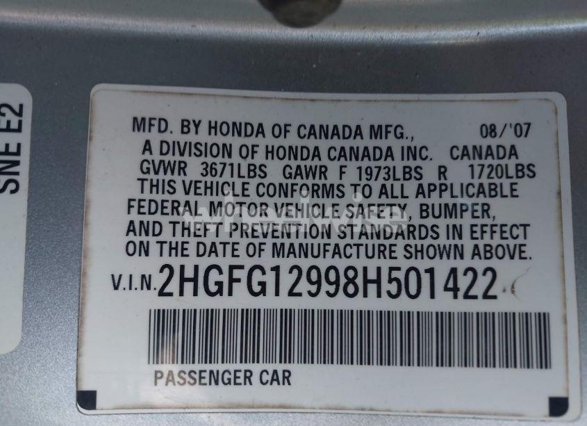 Photo 9 of 2008 Honda Civic EX-L (VIN 2HGFG12998H501422)