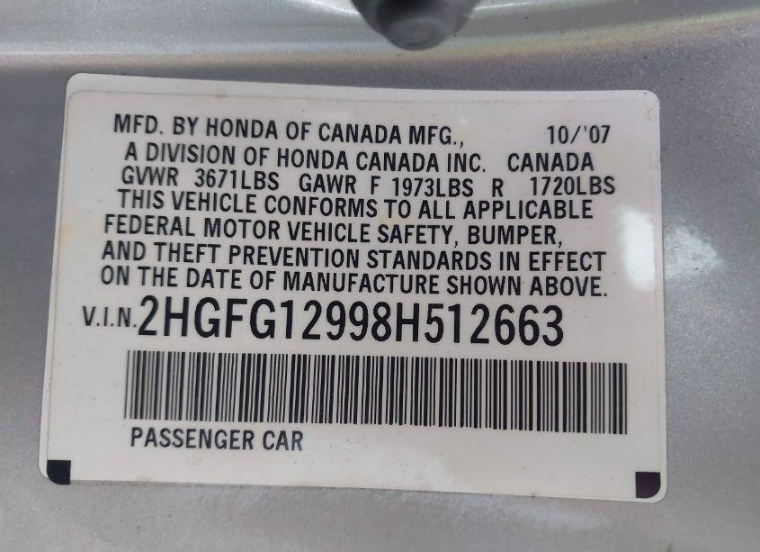 Photo 9 of 2008 Honda Civic EX-L (VIN 2HGFG12998H512663)