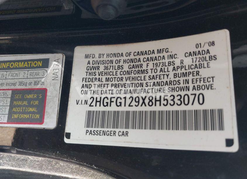 Photo 9 of 2008 Honda Civic EX-L (VIN 2HGFG129X8H533070)