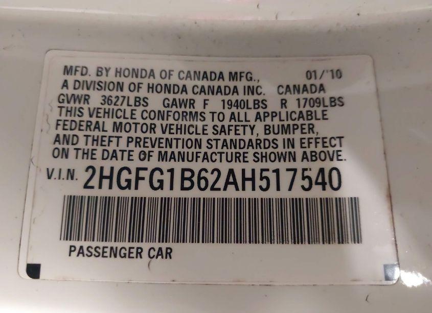 Photo 9 of 2010 Honda Civic LX (VIN 2HGFG1B62AH517540)