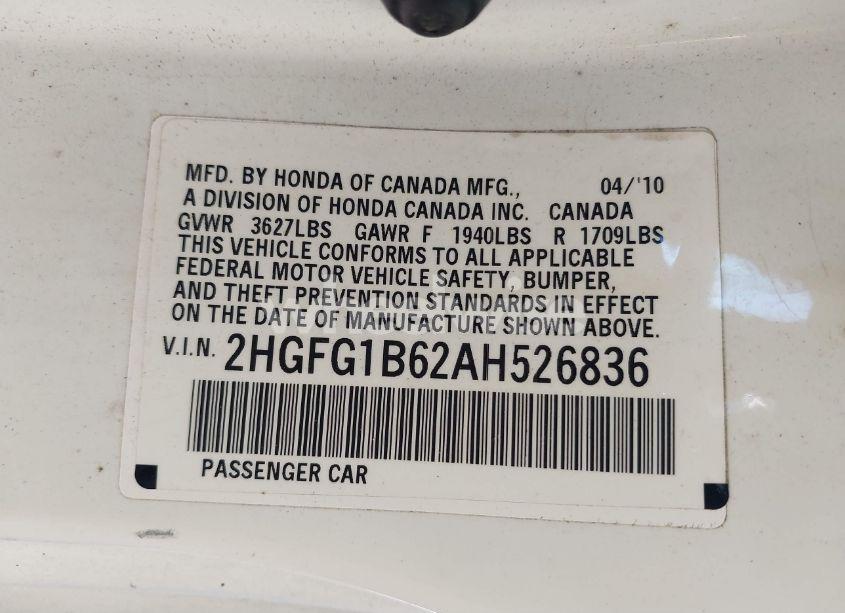 Photo 9 of 2010 Honda Civic LX (VIN 2HGFG1B62AH526836)
