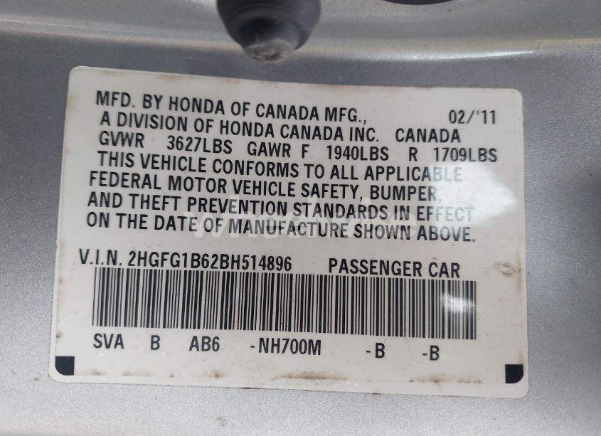 Photo 9 of 2011 Honda Civic LX (VIN 2HGFG1B62BH514896)