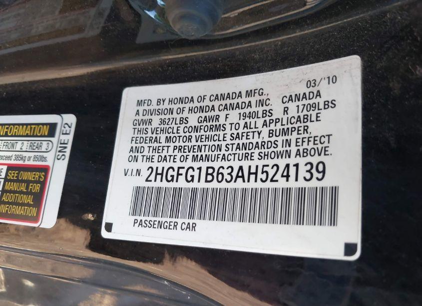 Photo 9 of 2010 Honda Civic LX (VIN 2HGFG1B63AH524139)