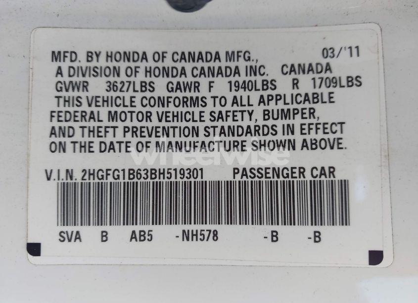 Photo 9 of 2011 Honda Civic LX (VIN 2HGFG1B63BH519301)