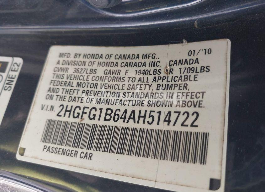 Photo 9 of 2010 Honda Civic CPE (VIN 2HGFG1B64AH514722)