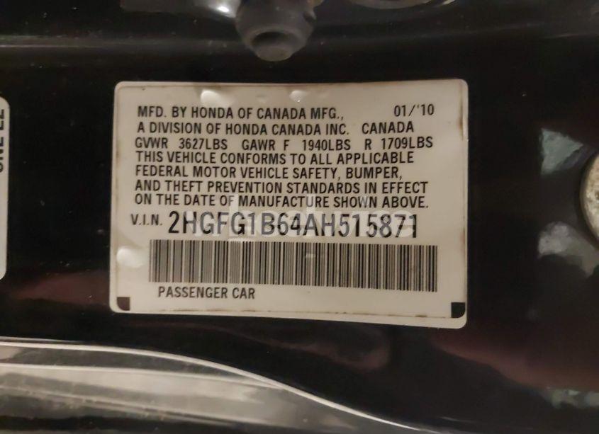 Photo 9 of 2010 Honda Civic LX (VIN 2HGFG1B64AH515871)