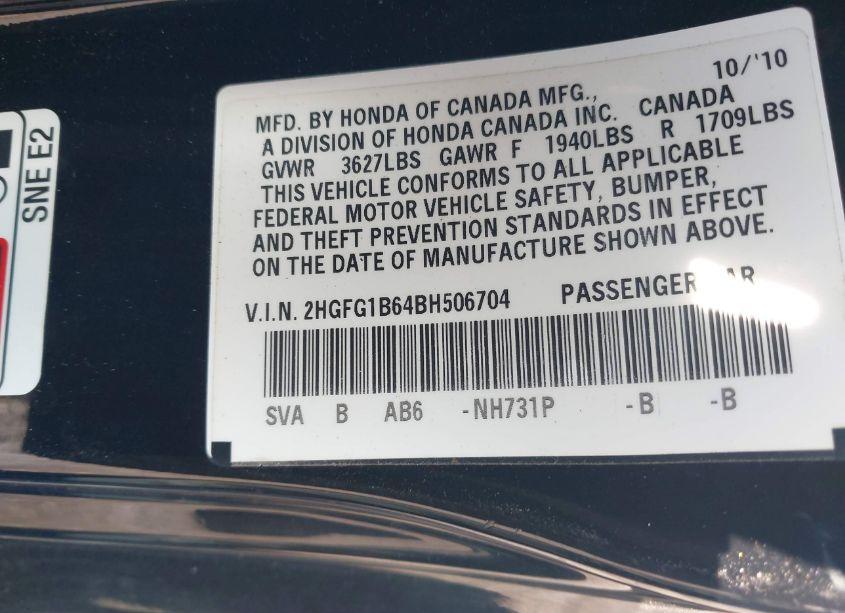 Photo 9 of 2011 Honda Civic LX (VIN 2HGFG1B64BH506704)