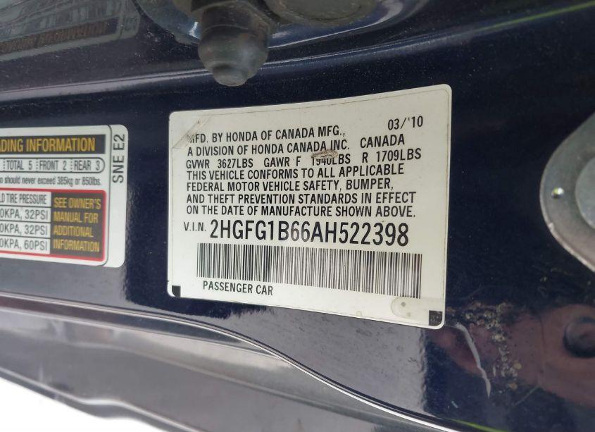 Photo 9 of 2010 Honda Civic LX (VIN 2HGFG1B66AH522398)