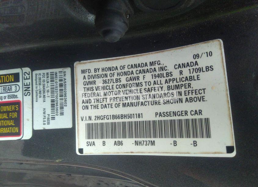 Photo 9 of 2011 Honda Civic LX (VIN 2HGFG1B66BH501181)