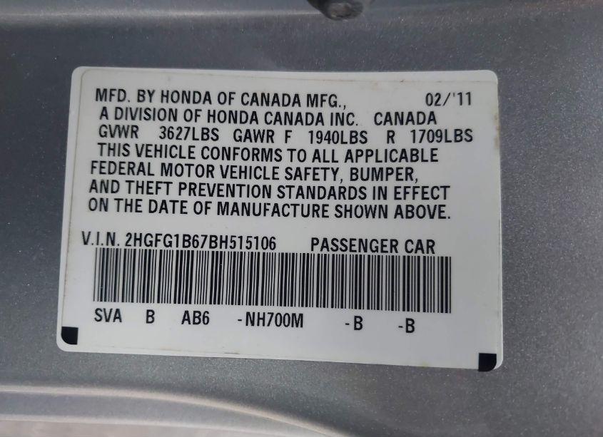 Photo 9 of 2011 Honda Civic LX (VIN 2HGFG1B67BH515106)