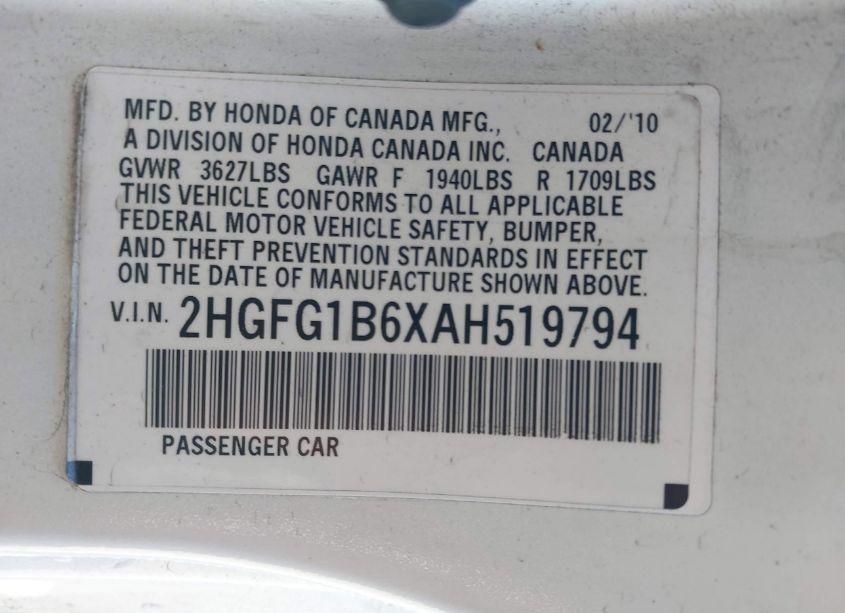 Photo 9 of 2010 Honda Civic LX (VIN 2HGFG1B6XAH519794)