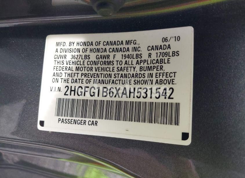 Photo 9 of 2010 Honda Civic LX (VIN 2HGFG1B6XAH531542)