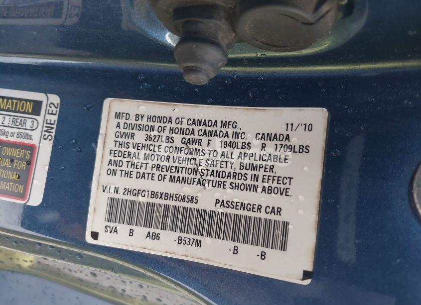 Photo 9 of 2011 Honda Civic LX (VIN 2HGFG1B6XBH508585)