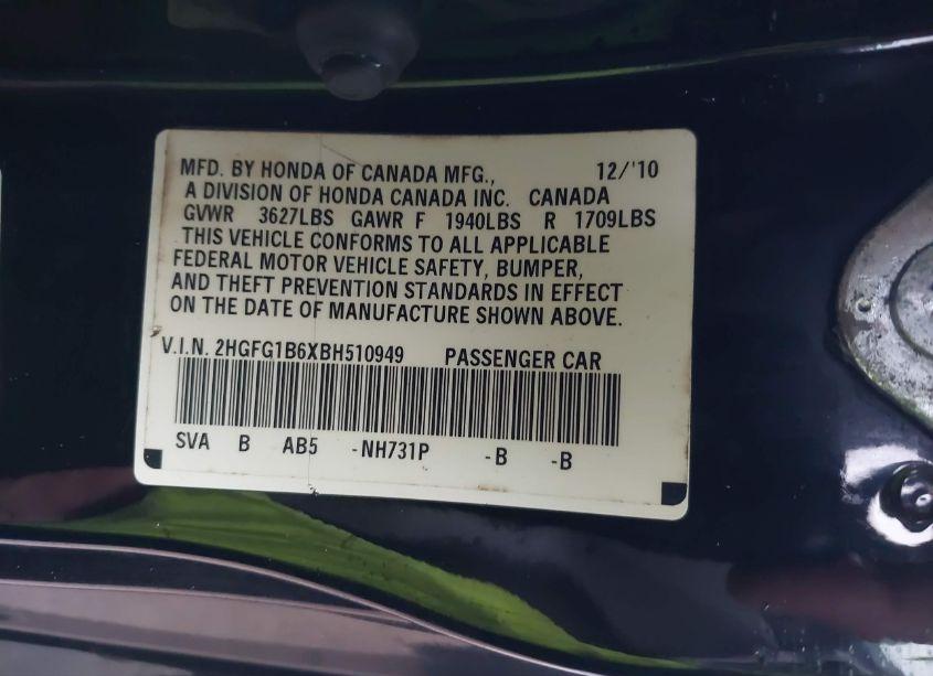 Photo 9 of 2011 Honda Civic LX (VIN 2HGFG1B6XBH510949)