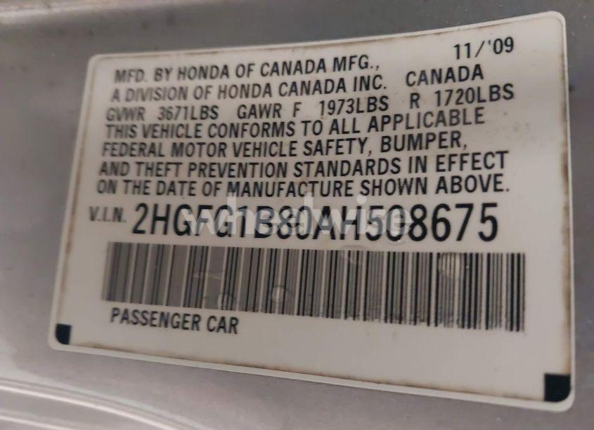 Photo 9 of 2010 Honda Civic EX (VIN 2HGFG1B80AH508675)