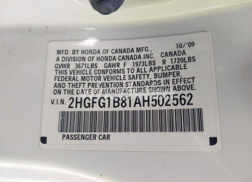 Photo 9 of 2010 Honda Civic EX (VIN 2HGFG1B81AH502562)