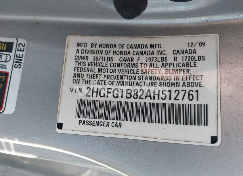 Photo 9 of 2010 Honda Civic EX (VIN 2HGFG1B82AH512761)