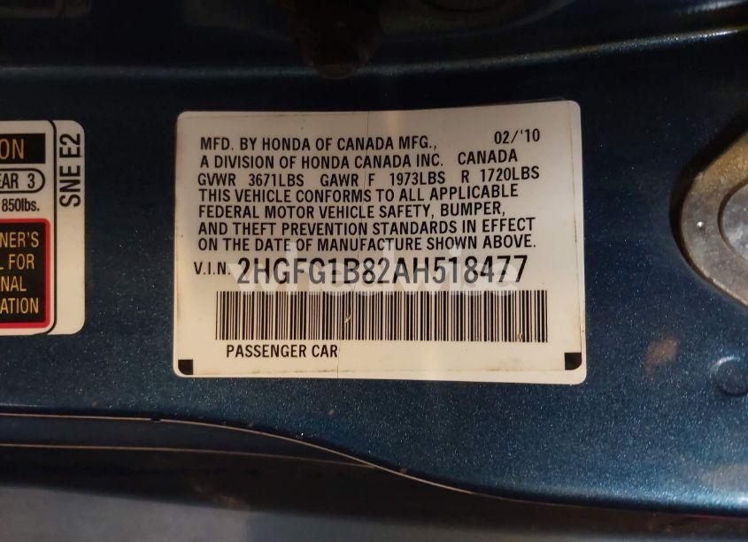 Photo 9 of 2010 Honda Civic EX (VIN 2HGFG1B82AH518477)
