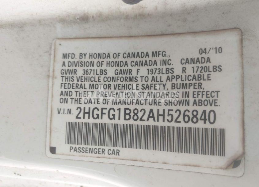 Photo 9 of 2010 Honda Civic EX (VIN 2HGFG1B82AH526840)