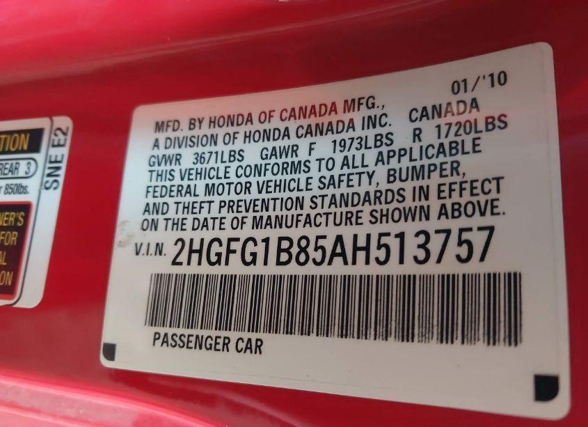 Photo 9 of 2010 Honda Civic EX (VIN 2HGFG1B85AH513757)