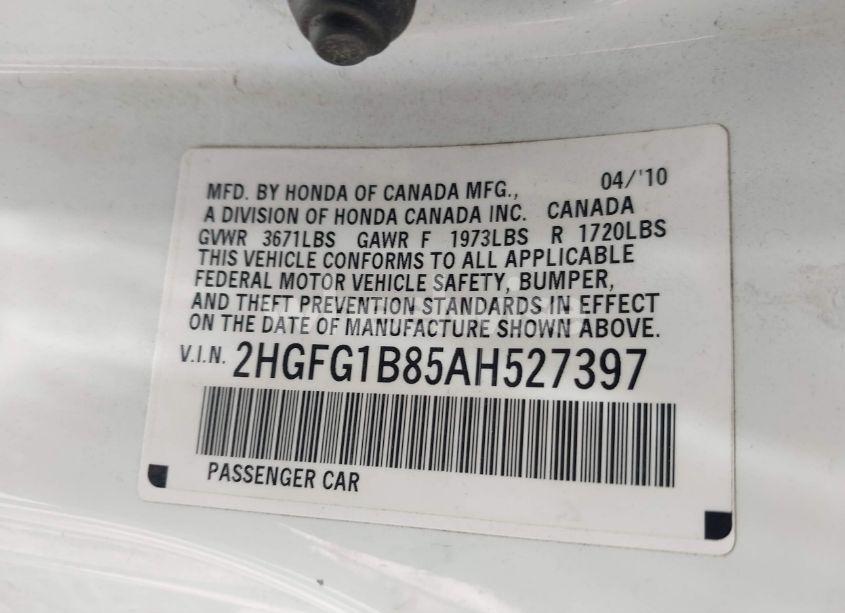 Photo 9 of 2010 Honda Civic EX (VIN 2HGFG1B85AH527397)