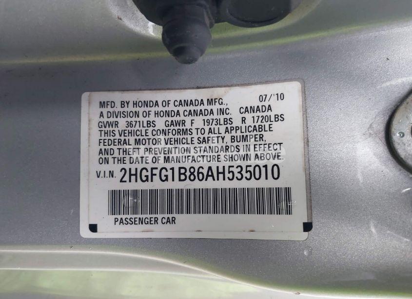 Photo 9 of 2010 Honda Civic EX (VIN 2HGFG1B86AH535010)