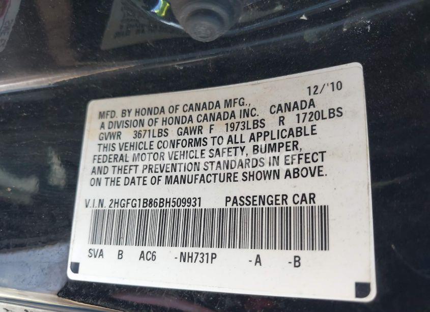 Photo 9 of 2011 Honda Civic EX (VIN 2HGFG1B86BH509931)