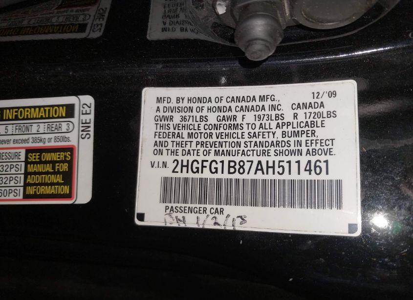 Photo 9 of 2010 Honda Civic EX (VIN 2HGFG1B87AH511461)