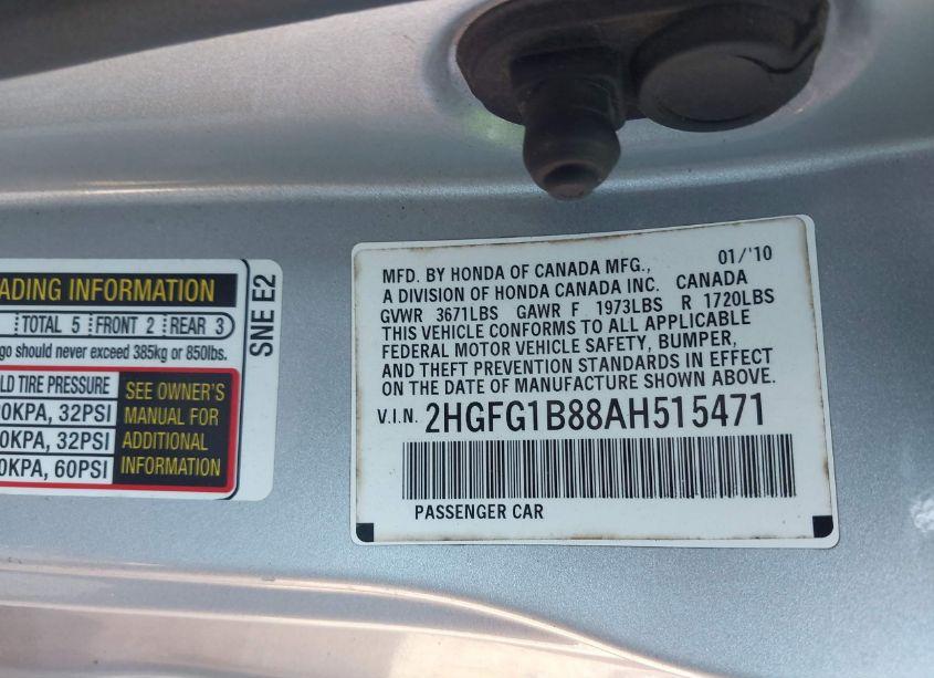 Photo 9 of 2010 Honda Civic EX (VIN 2HGFG1B88AH515471)