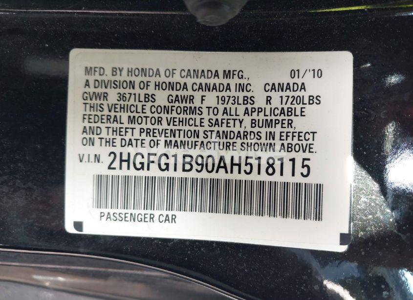 Photo 9 of 2010 Honda Civic EX-L (VIN 2HGFG1B90AH518115)