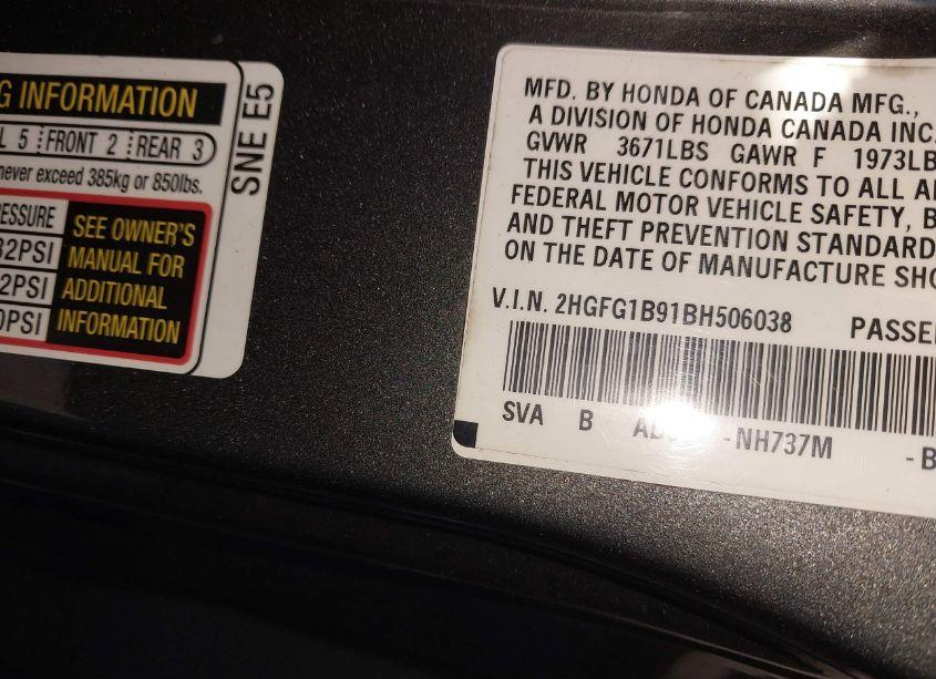 Photo 9 of 2011 Honda Civic EX-L (VIN 2HGFG1B91BH506038)