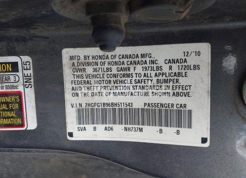 Photo 9 of 2011 Honda Civic EX-L (VIN 2HGFG1B96BH511543)